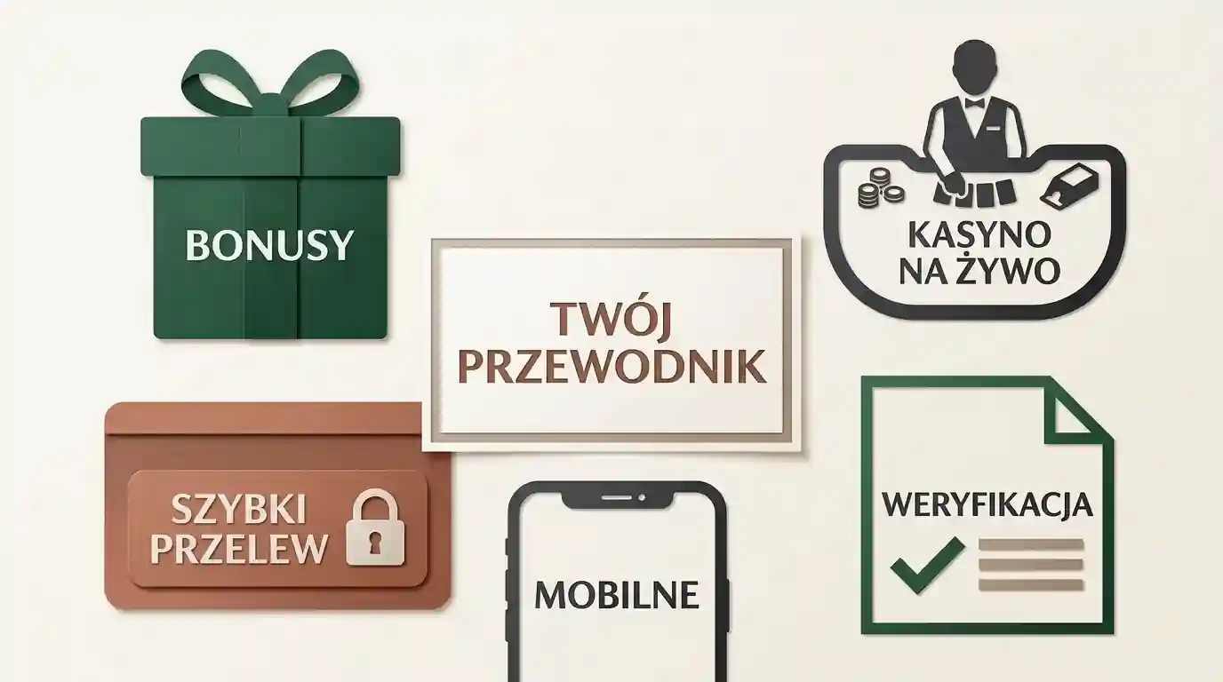 Kolaż symboli bonusu, płatności, kasyno na żywo, telefonu i weryfikacji konta